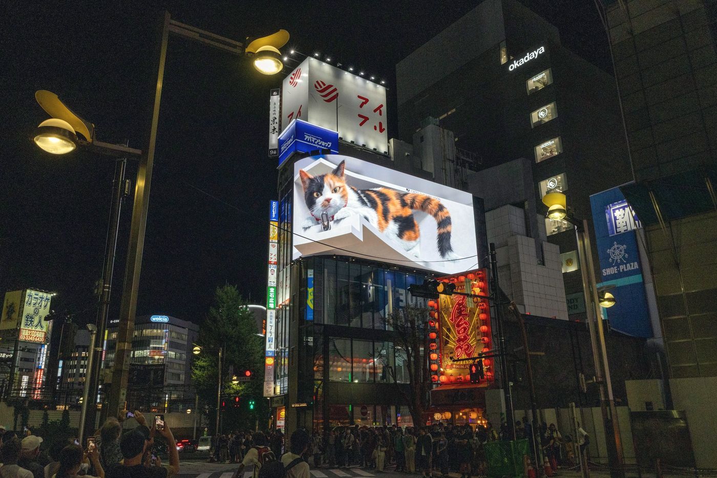Pantalla LED en esquina con un gato en 3D que parece salirse