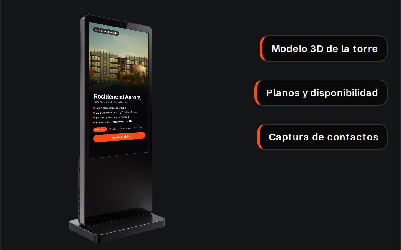 Tótem táctil con el brochure de un proyecto residencial